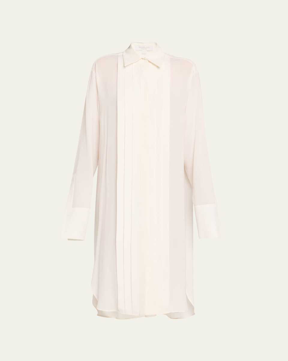 Pleated Placket Silk Georgette Midi Shirtdress